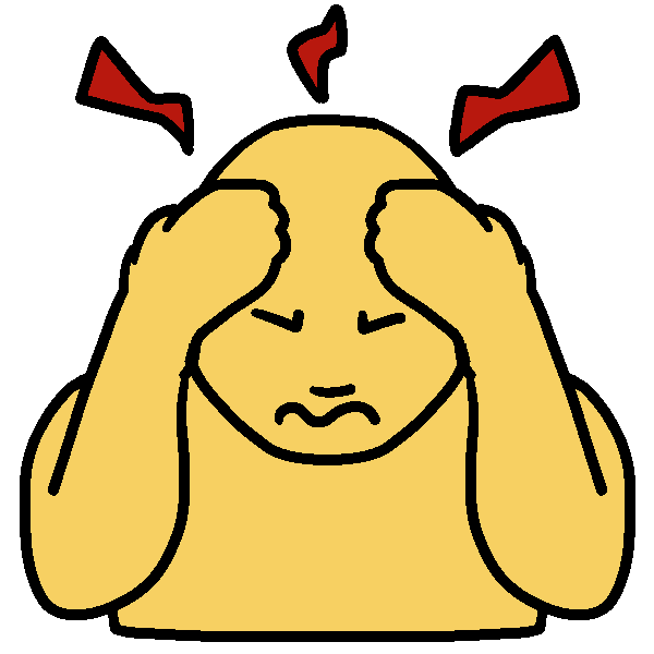 A drawing of a person with their hands on their head and cringing, with small red bolts above their head.